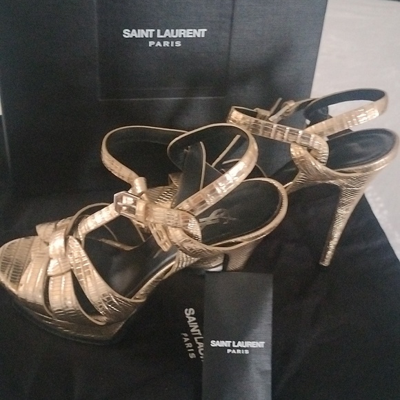 YSL metallic Gold Lizard Embossed Leather Tribute Ankle Strap Platform heels - Picture 4 of 16